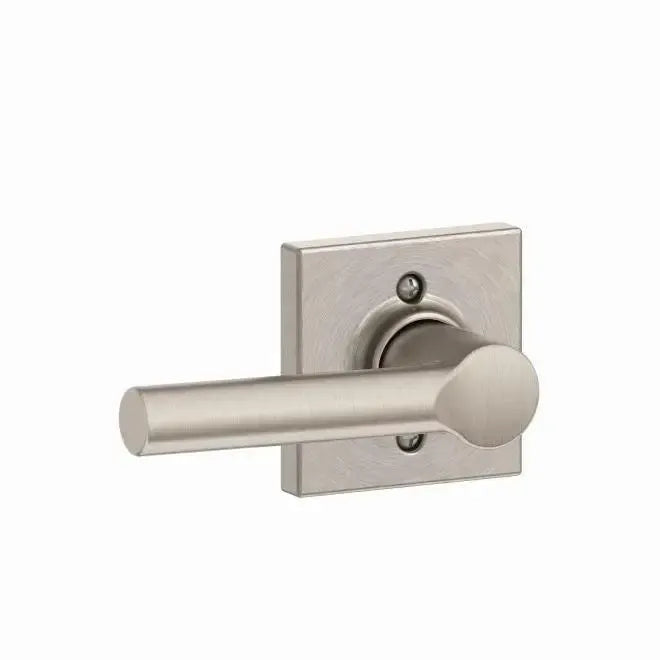 Schlage Broadway Lever with Collins Rosette in Satin Nickel finish