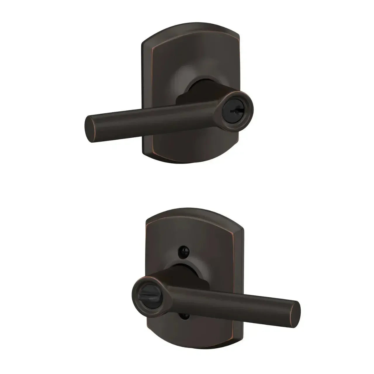 Schlage Broadway Lever with Greenwich Rosette in Aged Bronze finish