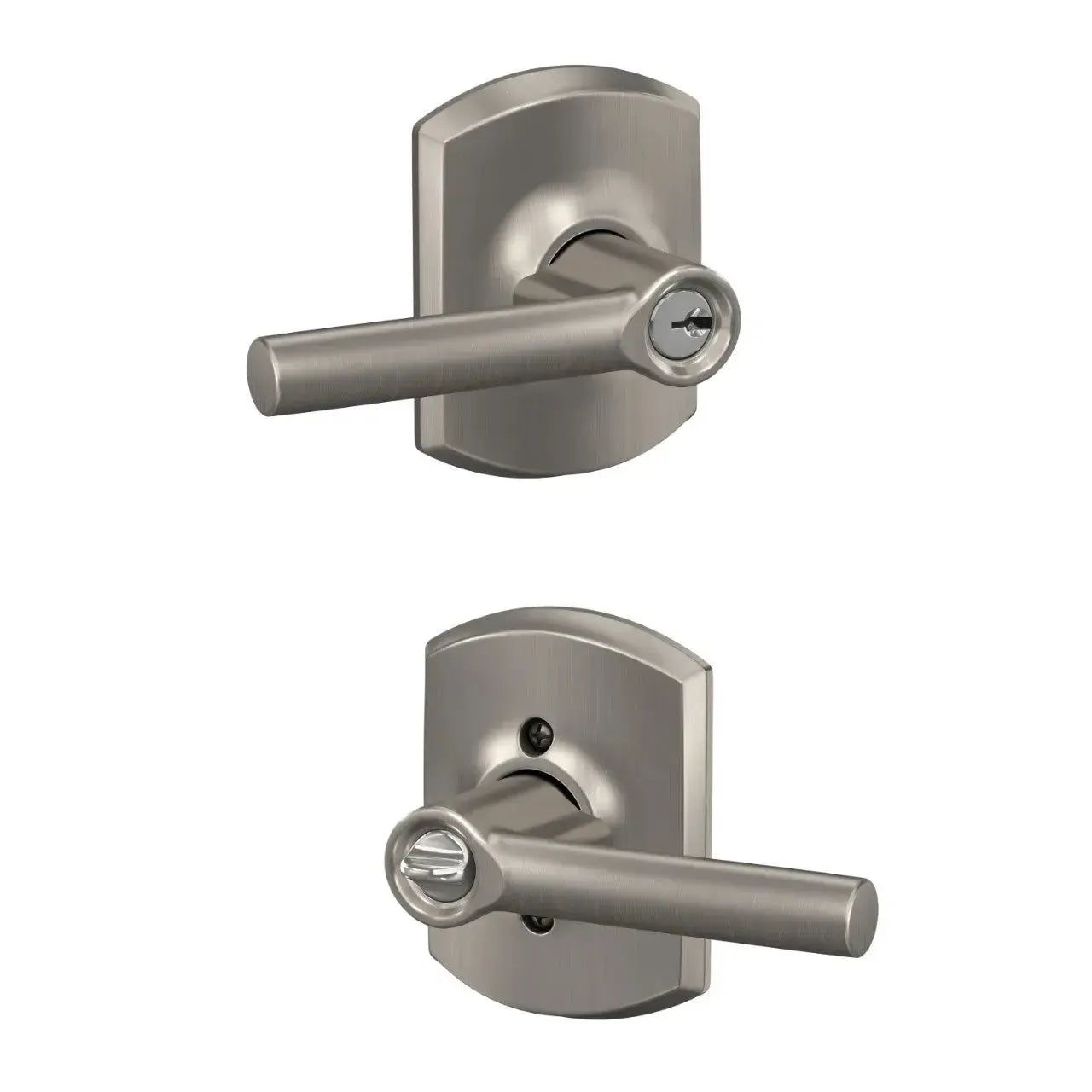Schlage Broadway Lever with Greenwich Rosette in Satin Nickel finish