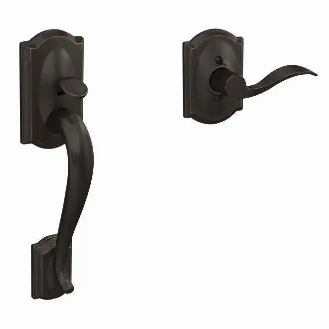Schlage Camelot Bottom Half Handleset with Accent Lever and Camelot Rosette in Aged Bronze finish