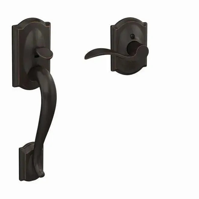 Schlage Camelot Bottom Half Handleset with Accent Lever and Camelot Rosette in Aged Bronze finish