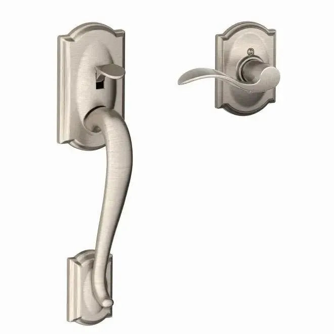 Schlage Camelot Bottom Half Handleset with Accent Lever and Camelot Rosette in Satin Nickel finish