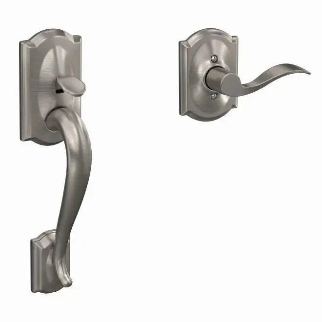 Schlage Camelot Bottom Half Handleset with Accent Lever and Camelot Rosette in Satin Nickel finish