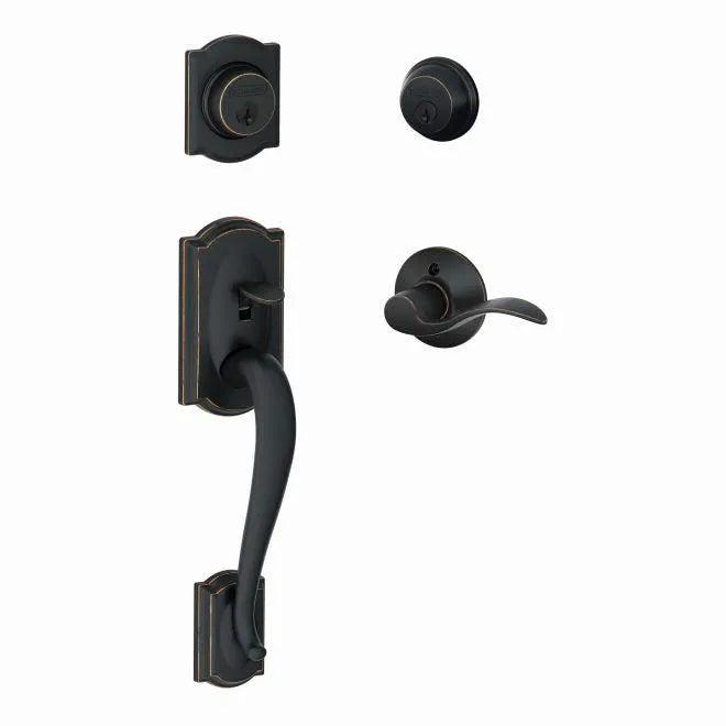 Schlage Camelot Double Cylinder Handleset with Accent Lever Aged Bronze