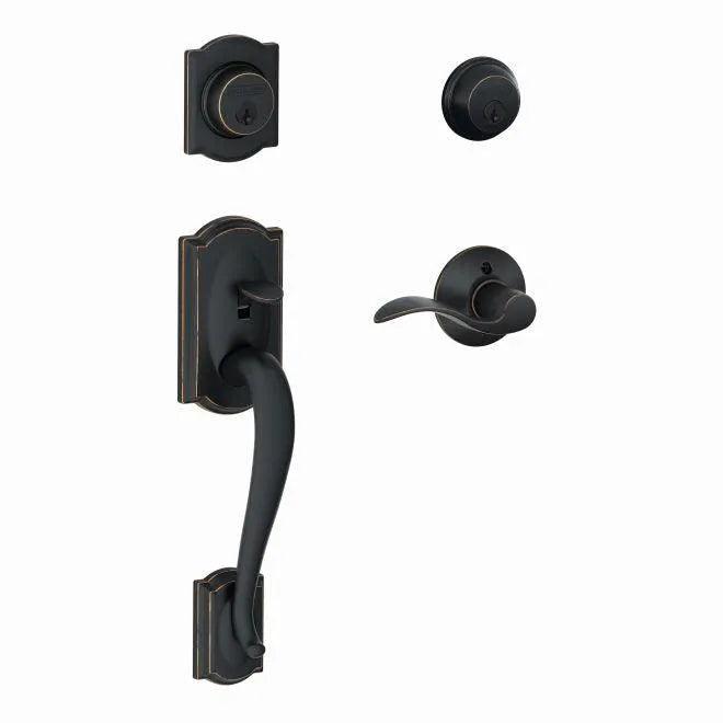 Schlage Camelot Double Cylinder Handleset with Accent Lever Aged Bronze