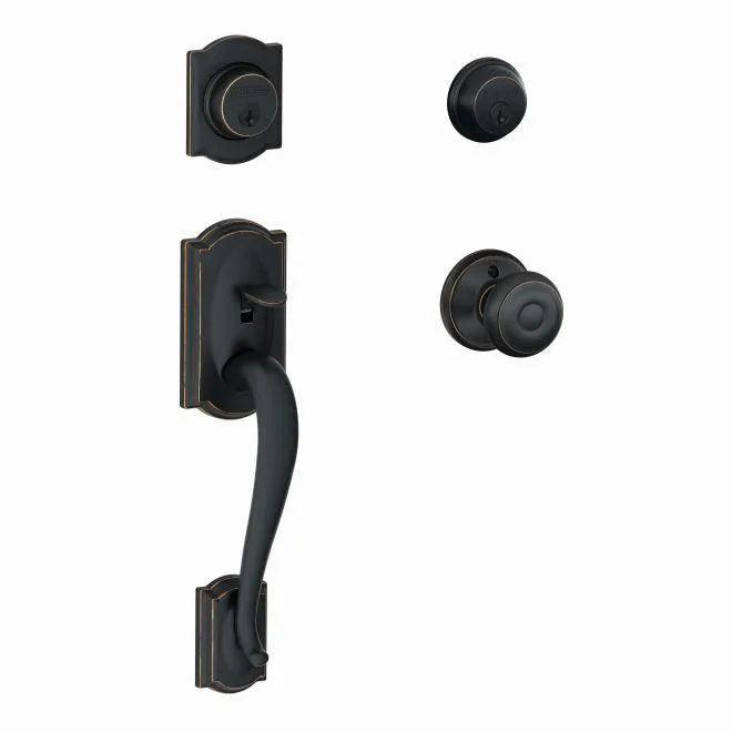 Schlage Camelot Double Cylinder Handleset With Georgian Knob Aged Bronze