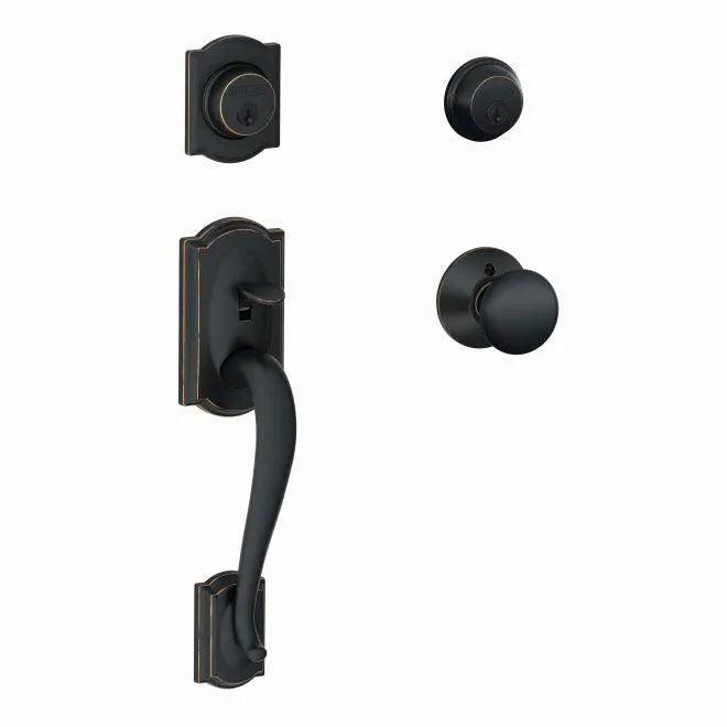 Schlage Camelot Double Cylinder Handleset With Plymouth Knob Aged Bronze