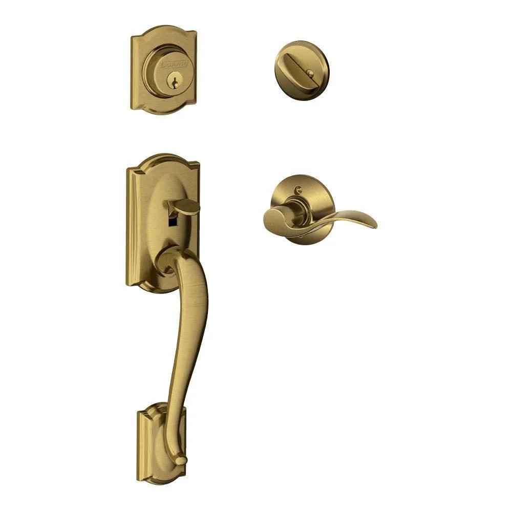 Schlage Camelot Single Cylinder Handleset with Left Handed Accent Lever Antique Brass
