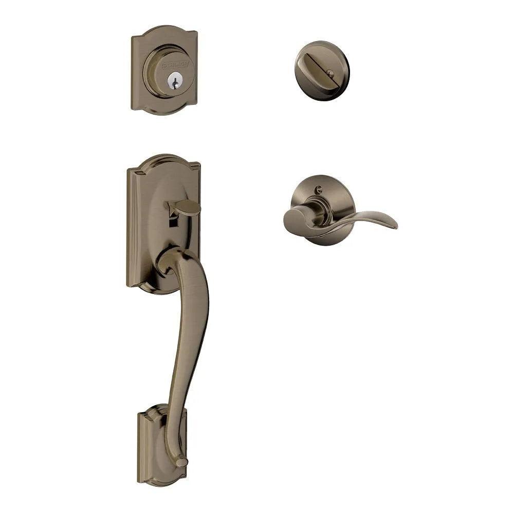 Schlage Camelot Single Cylinder Handleset with Left Handed Accent Lever Antique Pewter