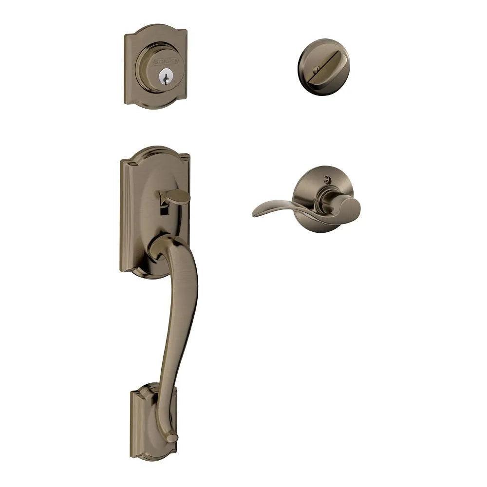 Schlage Camelot Single Cylinder Handleset with Right Handed Accent Lever Antique Pewter