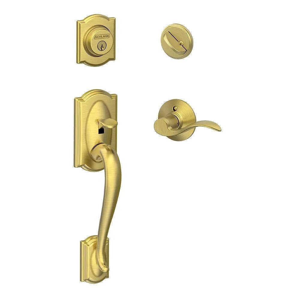 Schlage Camelot Single Cylinder Handleset with Left Handed Accent Lever Satin Brass