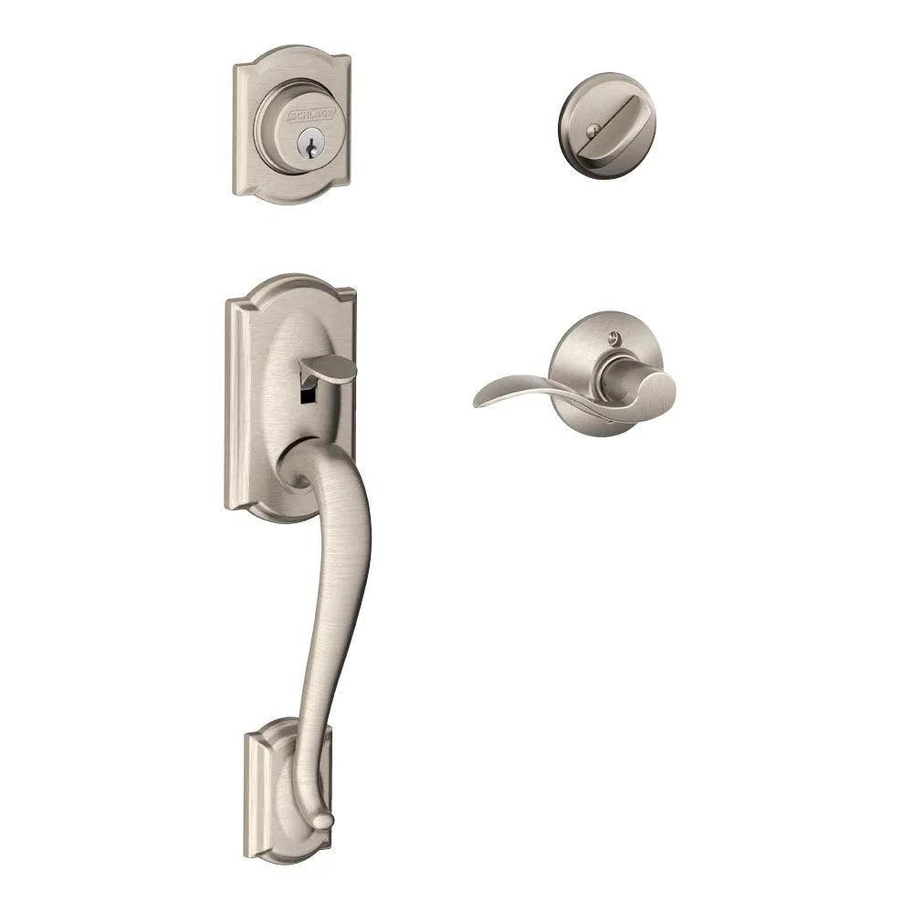 Schlage Camelot Single Cylinder Handleset with Right Handed Accent Lever Satin Nickel