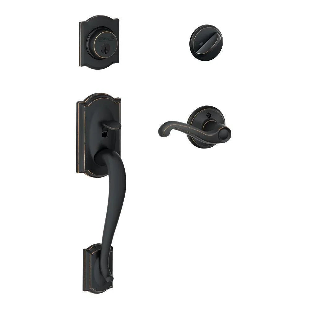 Schlage Camelot Single Cylinder Handleset with Flair Lever Aged Bronze