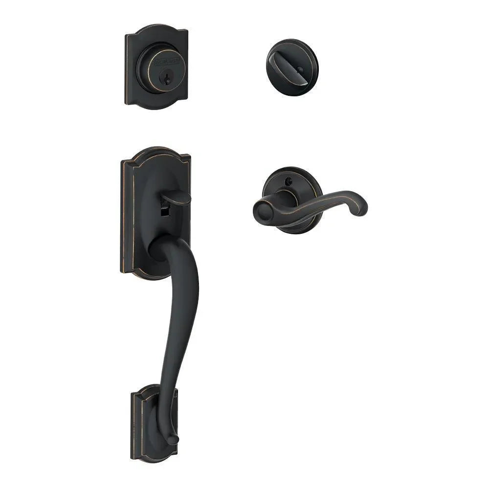 Schlage Camelot Single Cylinder Handleset with Flair Lever Aged Bronze