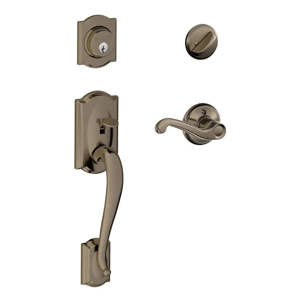 Schlage Camelot Single Cylinder Handleset with Flair Lever Antique Pewter