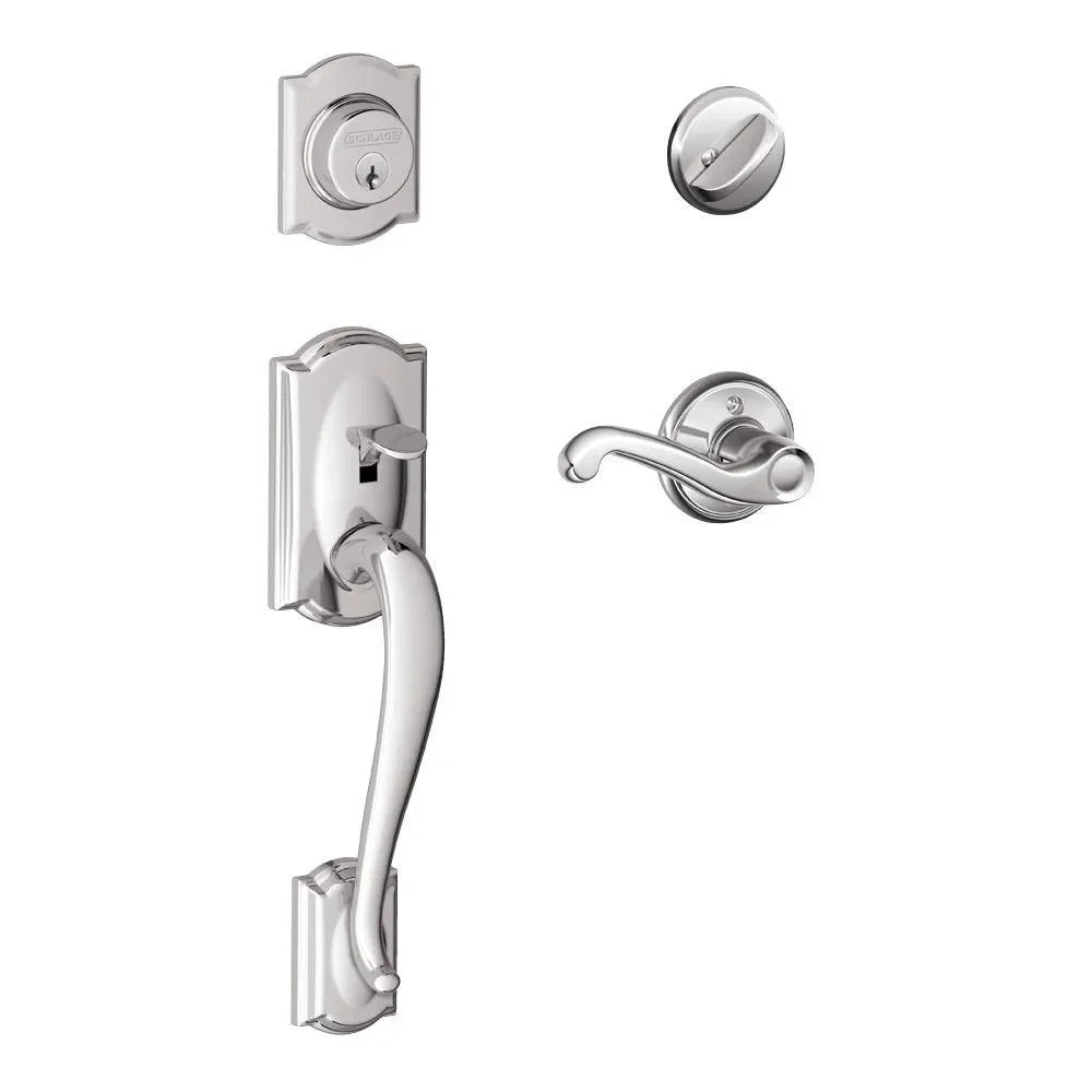 Schlage Camelot Single Cylinder Handleset with Flair Lever Bright Chrome