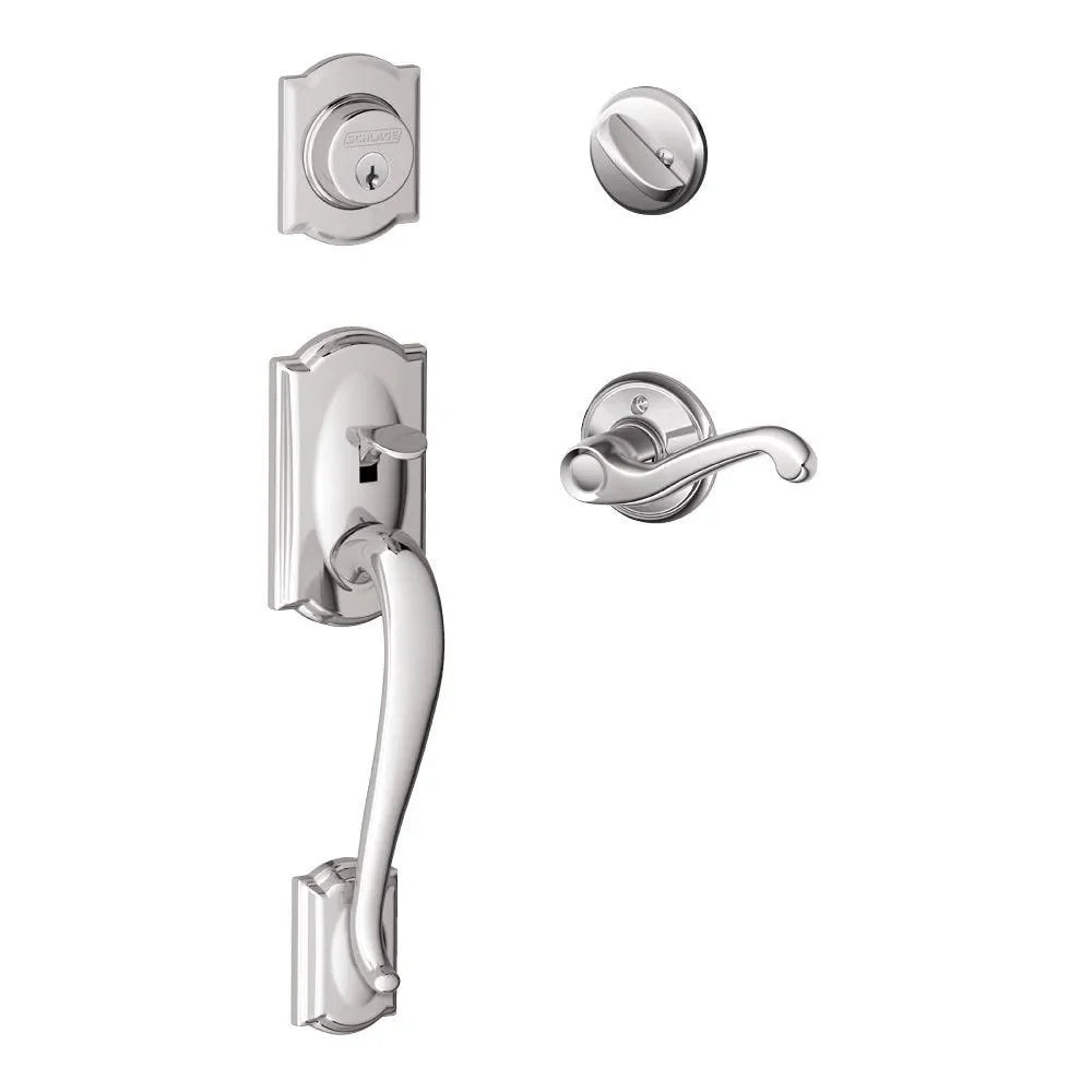 Schlage Camelot Single Cylinder Handleset with Flair Lever Bright Chrome
