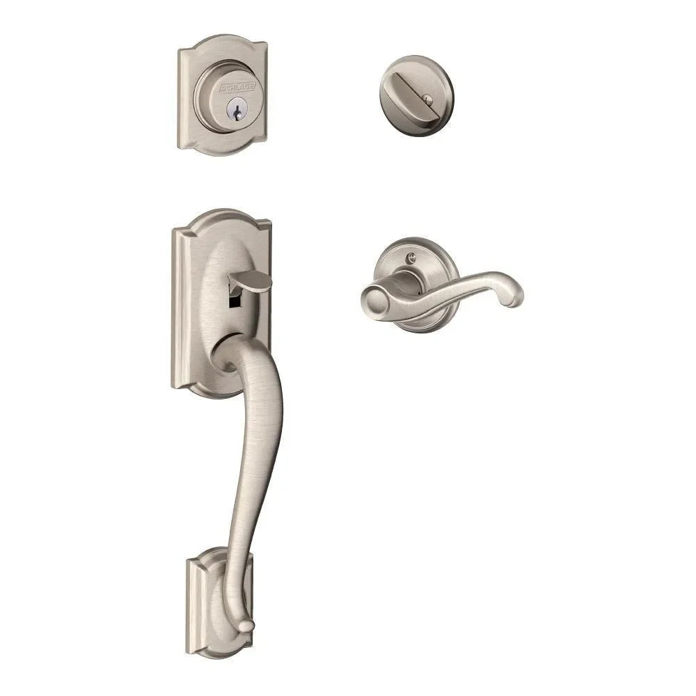 Schlage Camelot Single Cylinder Handleset with Flair Lever Satin Nickel