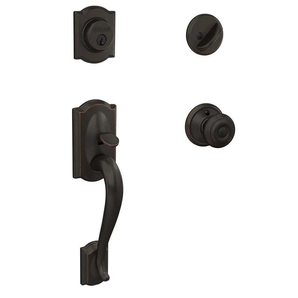 Schlage Camelot Single Cylinder Handleset with Georgian Knob Aged Bronze