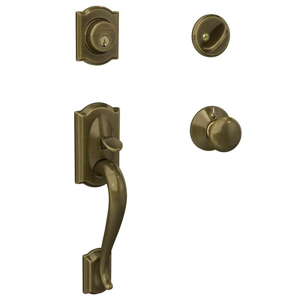 Schlage Camelot Single Cylinder Handleset with Georgian Knob in Antique Brass finish