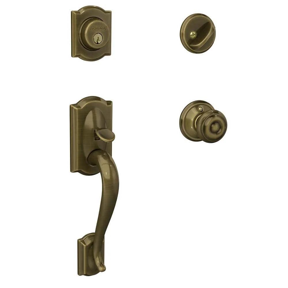 Schlage Camelot Single Cylinder Handleset with Georgian Knob Antique Brass