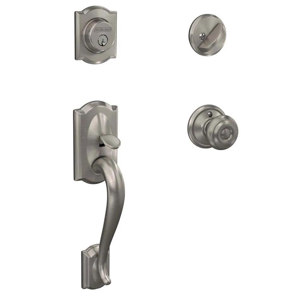 Schlage Camelot Single Cylinder Handleset with Georgian Knob Satin Nickel