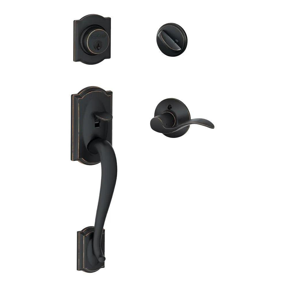 Schlage Camelot Single Cylinder Handleset with Left Handed Accent Lever in Aged Bronze finish