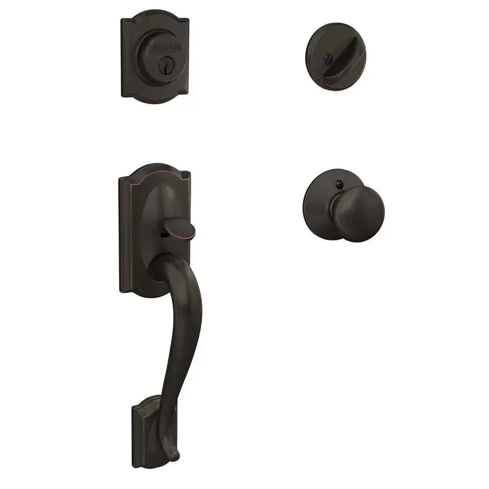 Schlage Camelot Single Cylinder Handleset with Plymouth Knob in Aged Bronze finish