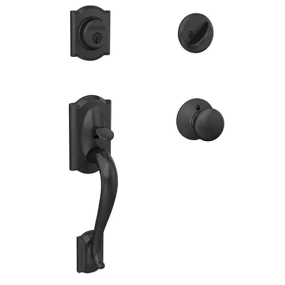 Schlage Camelot Single Cylinder Handleset with Plymouth Knob in Flat Black finish