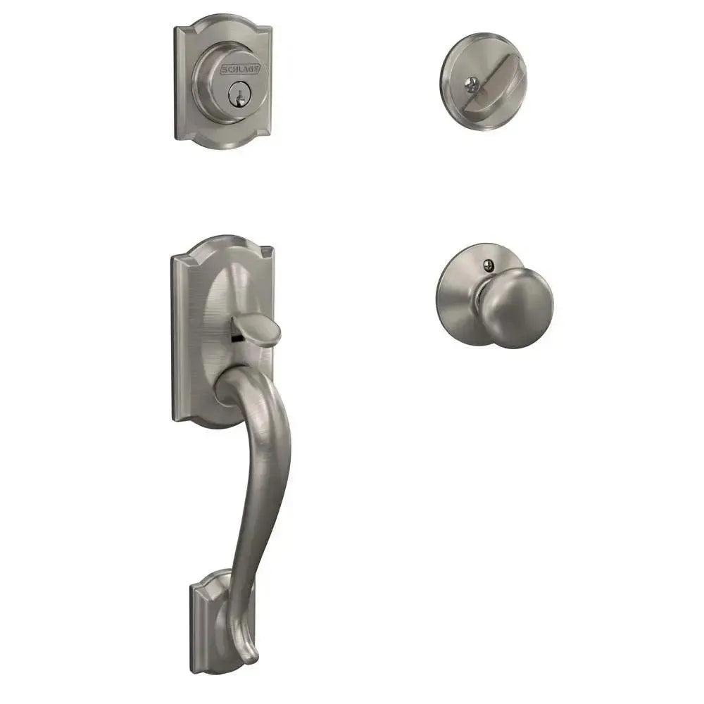 Schlage Camelot Single Cylinder Handleset with Plymouth Knob in Satin Nickel finish