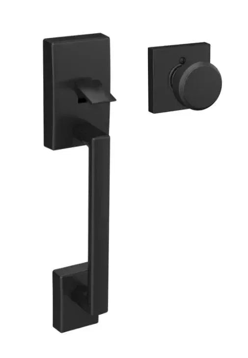 The Schlage Century Bottom Half Handleset With Bowery Knob with Collins Rosette in Flat Black finish.