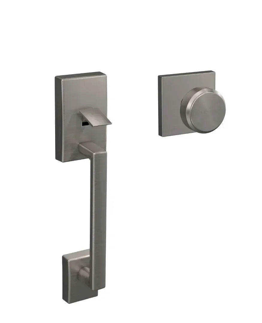 The Schlage Century Bottom Half Handleset With Bowery Knob with Collins Rosette in Satin Nickel finish.