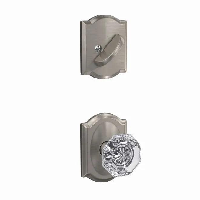Schlage Custom Alexandria Glass Knob With Camelot Rosette Interior Active Trim - Exterior Handleset Sold Separately in Satin Nickel finish