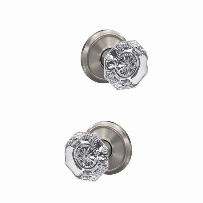 The Schlage Custom Alexandria Passage and Privacy Glass Knob With Alden Rosette in Satin Nickel finish