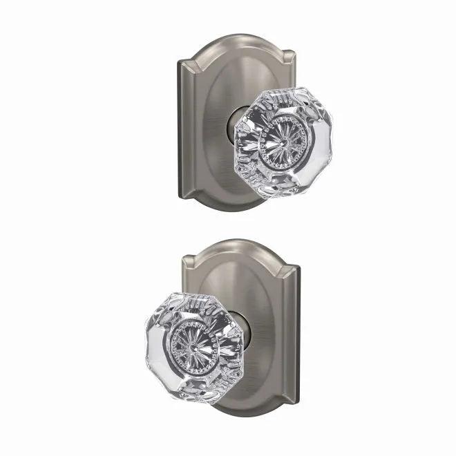Schlage Custom Alexandria Passage and Privacy Glass Knob With Camelot Rosette Satin Nickel