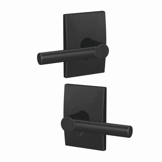 The Schlage Custom Broadway Passage and Privacy Lever With Century Rosette in Flat Black finish