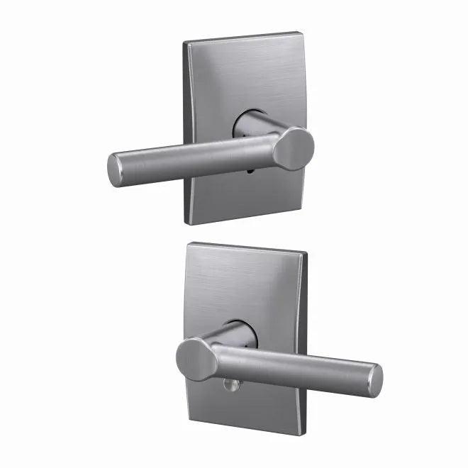 The Schlage Custom Broadway Passage and Privacy Lever With Century Rosette in Satin Chrome finish