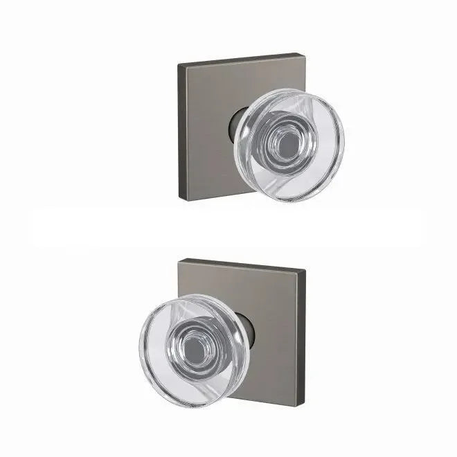Schlage Custom Passage and Privacy Dawes Glass Knob with Collins Rosette Satin Nickel
