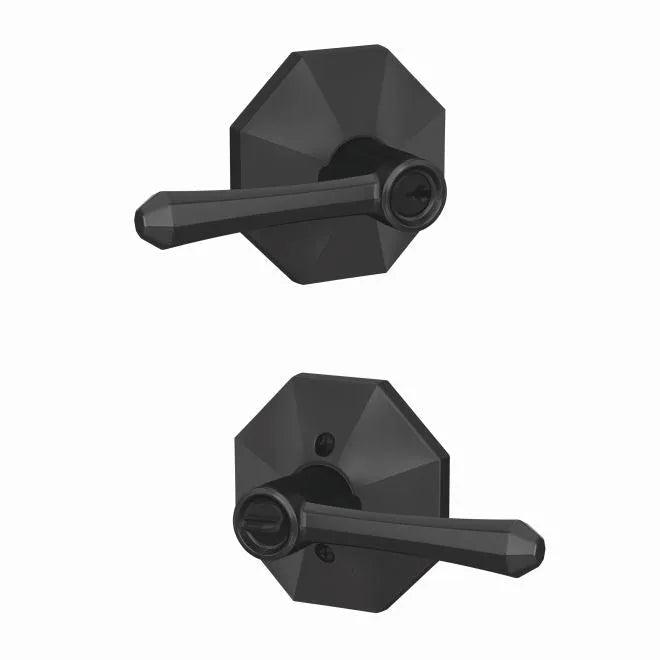 The Schlage Custom Dempsey Lever With Rosettewood Rosette Keyed Entry Lock in Flat Black finish