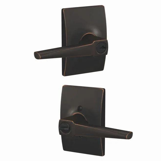 Schlage Custom Eller Lever With Century Rosette Keyed Entry Lock Aged Bronze