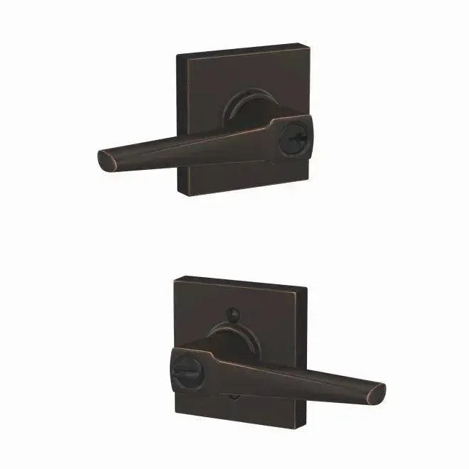 Schlage Custom Eller Lever with Collins Rosette in Aged Bronze finish