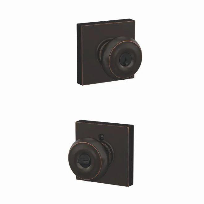 Schlage Custom Georgian Knob With Collins Rosette Keyed Entry Lock in Aged Bronze finish