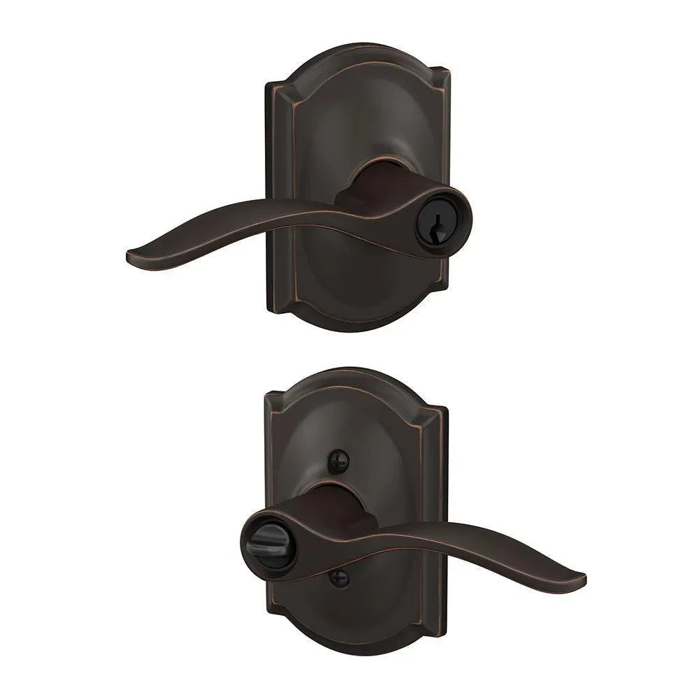 Schlage Custom Keyed Entry Pennant Lever with Camelot Rosette Aged Bronze