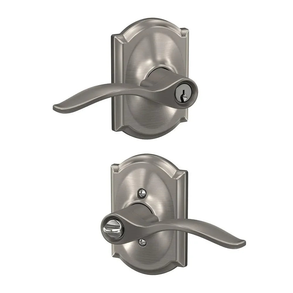 Schlage Custom Keyed Entry Pennant Lever with Camelot Rosette Satin Nickel