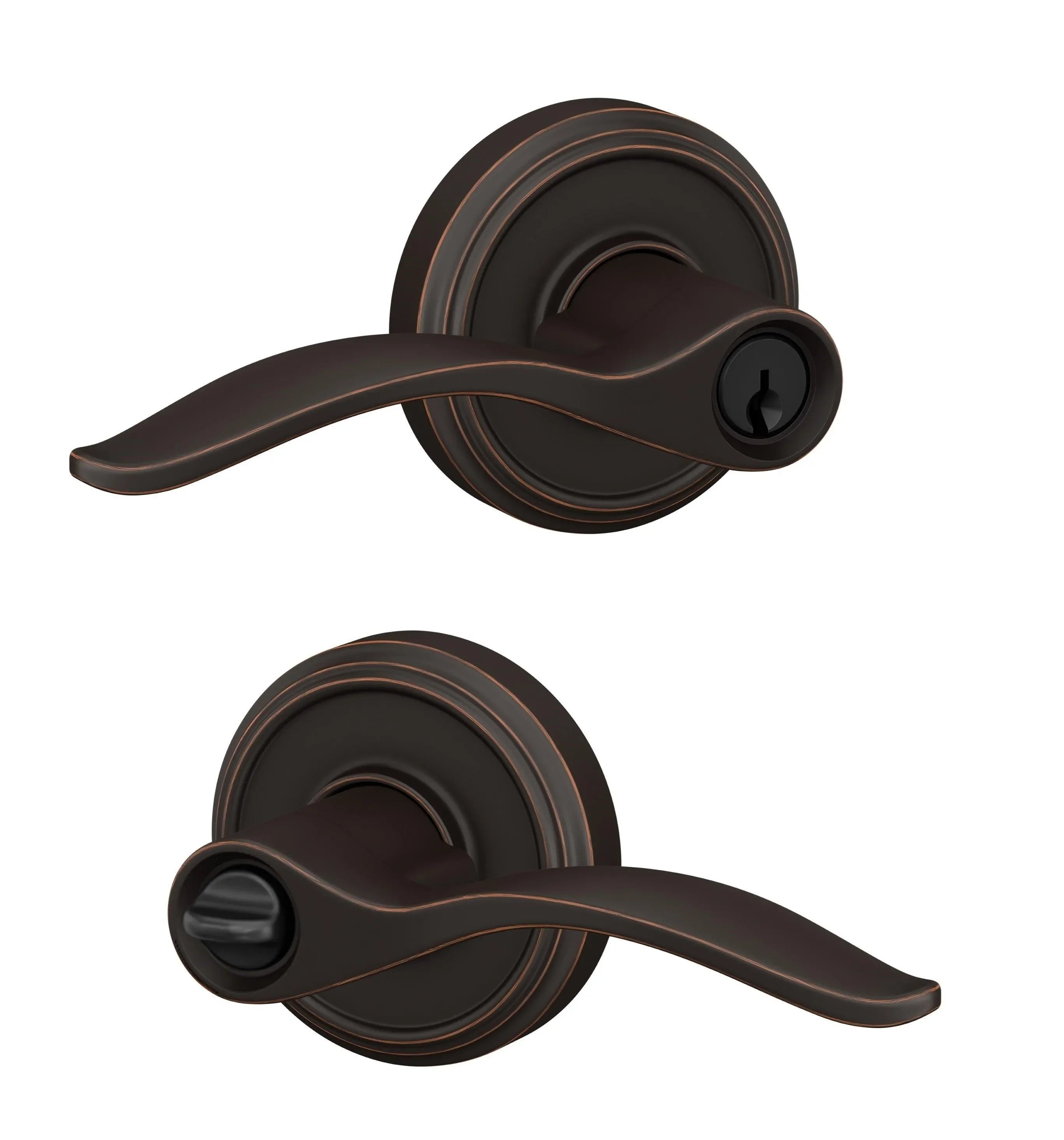 Schlage Custom Keyed Entry Pennant Lever with Indy Rosette Aged Bronze