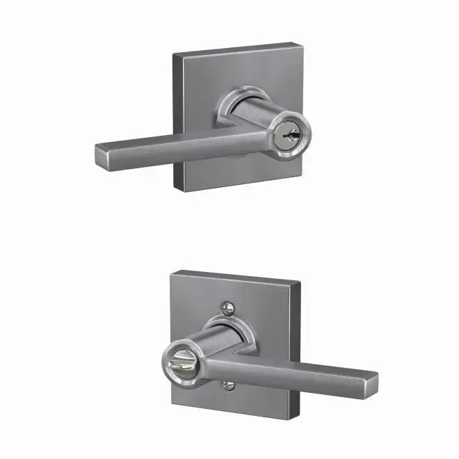 Schlage Custom Latitude Lever with Collins Rosette in Satin Chrome finish