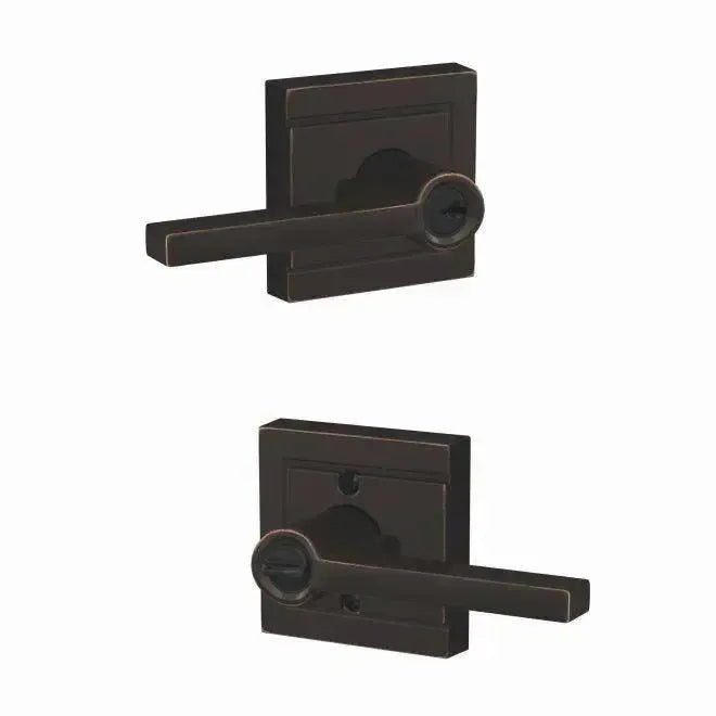 Schlage Custom Latitude Lever with Upland Rosette in Aged Bronze finish