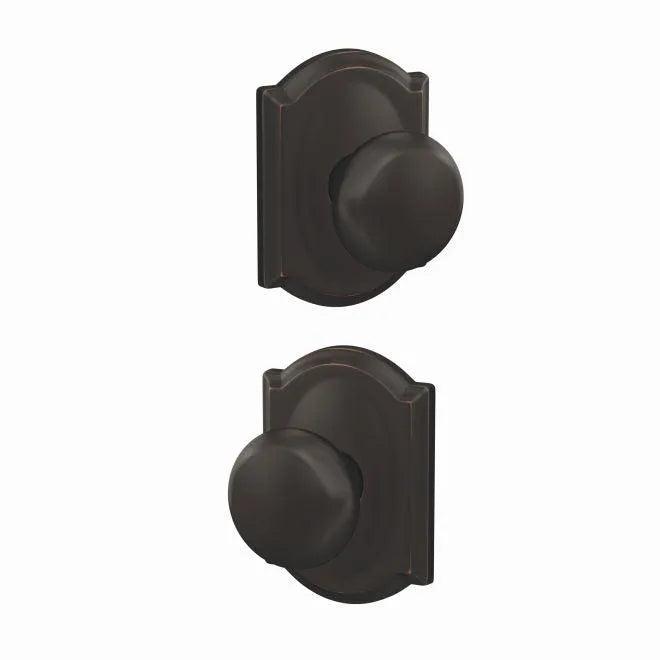 Schlage Custom Plymouth Passage and Privacy Knob With Camelot Rosette Aged Bronze