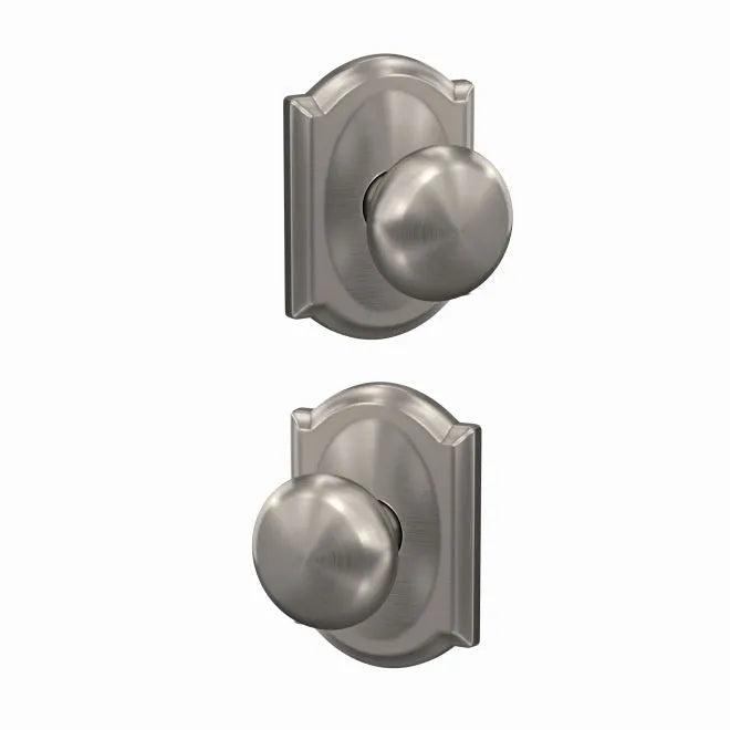 Schlage Custom Plymouth Passage and Privacy Knob With Camelot Rosette Satin Nickel