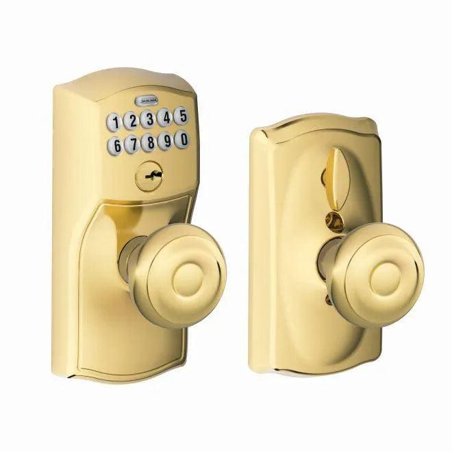 Schlage Electronic Keypad Knob with Camelot Trim and Georgian Knob With Flex Lock in Lifetime Brass finish